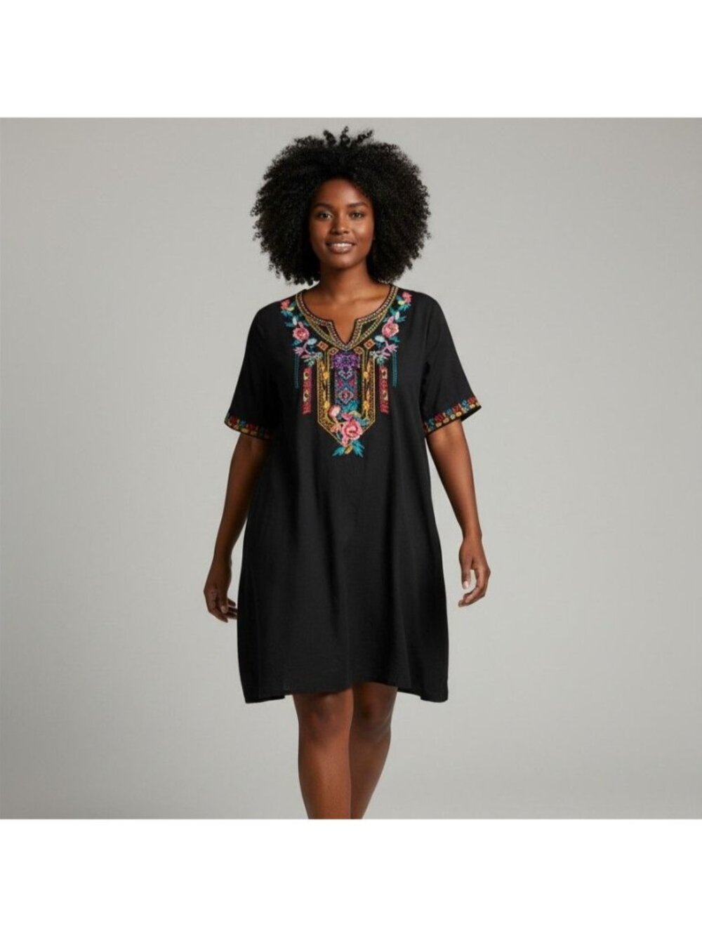 Boho Embroidered Black Mini Dress V Neck Short Sleeve Floral Casual Peasant XL S - Picture 1 of 13